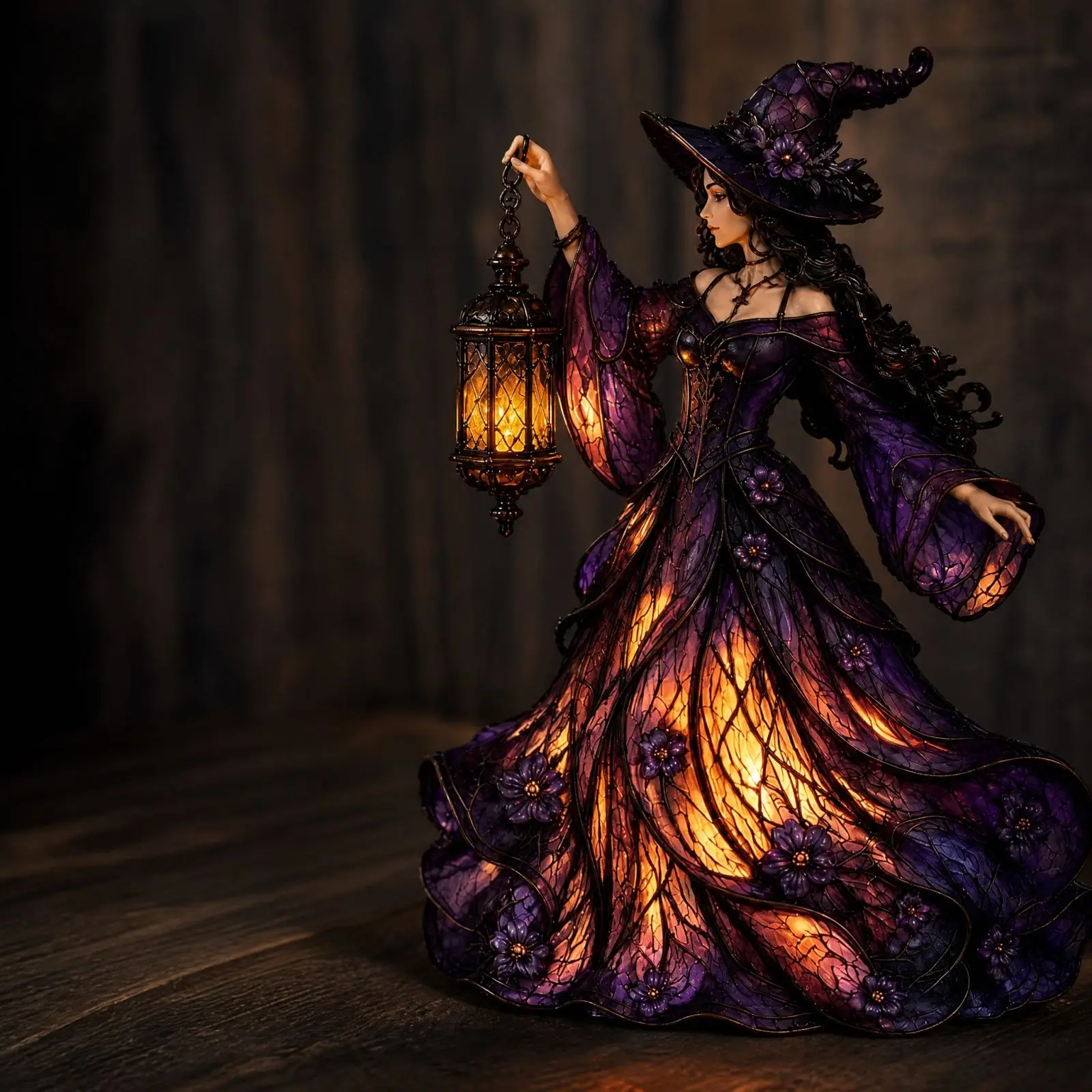 Exquisite Witch Figurine Decor Warm Led Glow Lantern Ornament Halloween Intricate Details Craftsmanship Home Ornament Statue