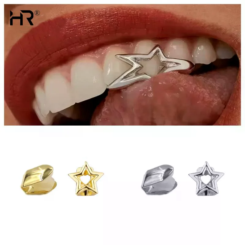 

2 шт./компл. глянцевые полые колпачки неправильной формы со звездами и двойными зубьями для женщин и мужчин Y2K панк-пентаграмма зубы грильц ювелирные изделия для рта