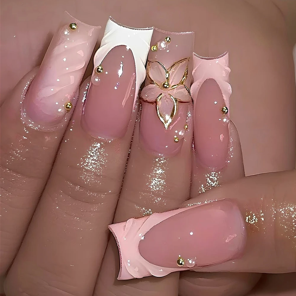 

3D Water Ripple Gold Flower Wearable Nail Art Pink White French Pearl False Nails Detachable Finished Fake Nails Press on Nails