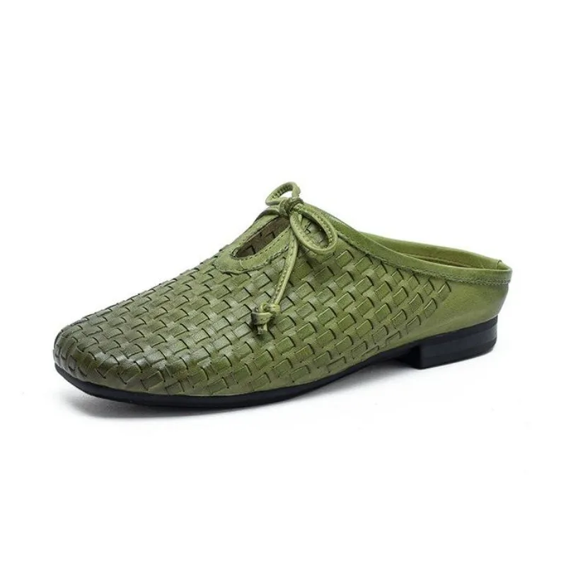 Women Slippers 2026 Handmade Weave Genuine Cow Leather Retro Style Slip On Flat Heel Soft Casual Summer Slippers Slides