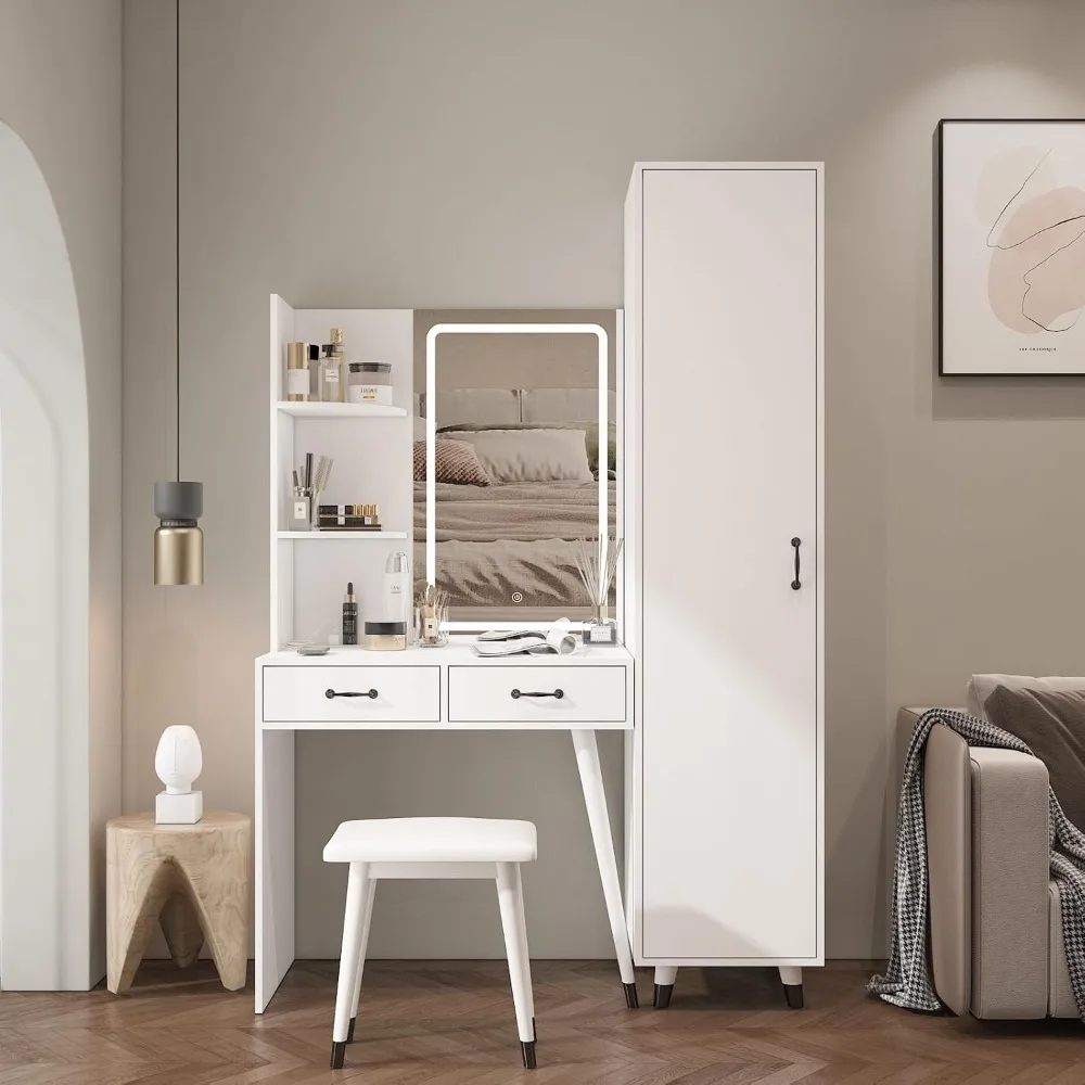 طاولة مكياج مضاءة مع محطة شحن ومكتب أبيض وخزانة ملابس صغيرة ودرجين