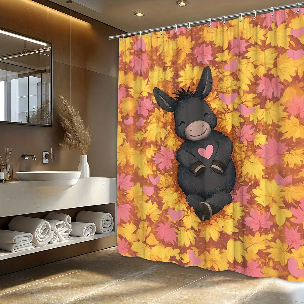 

1pc Cute Cartoon Donkey in Autumn Leaves Shower Curtain - Black Donkey with Pink Heart, Vibrant Fall Design, Polyester Fabric