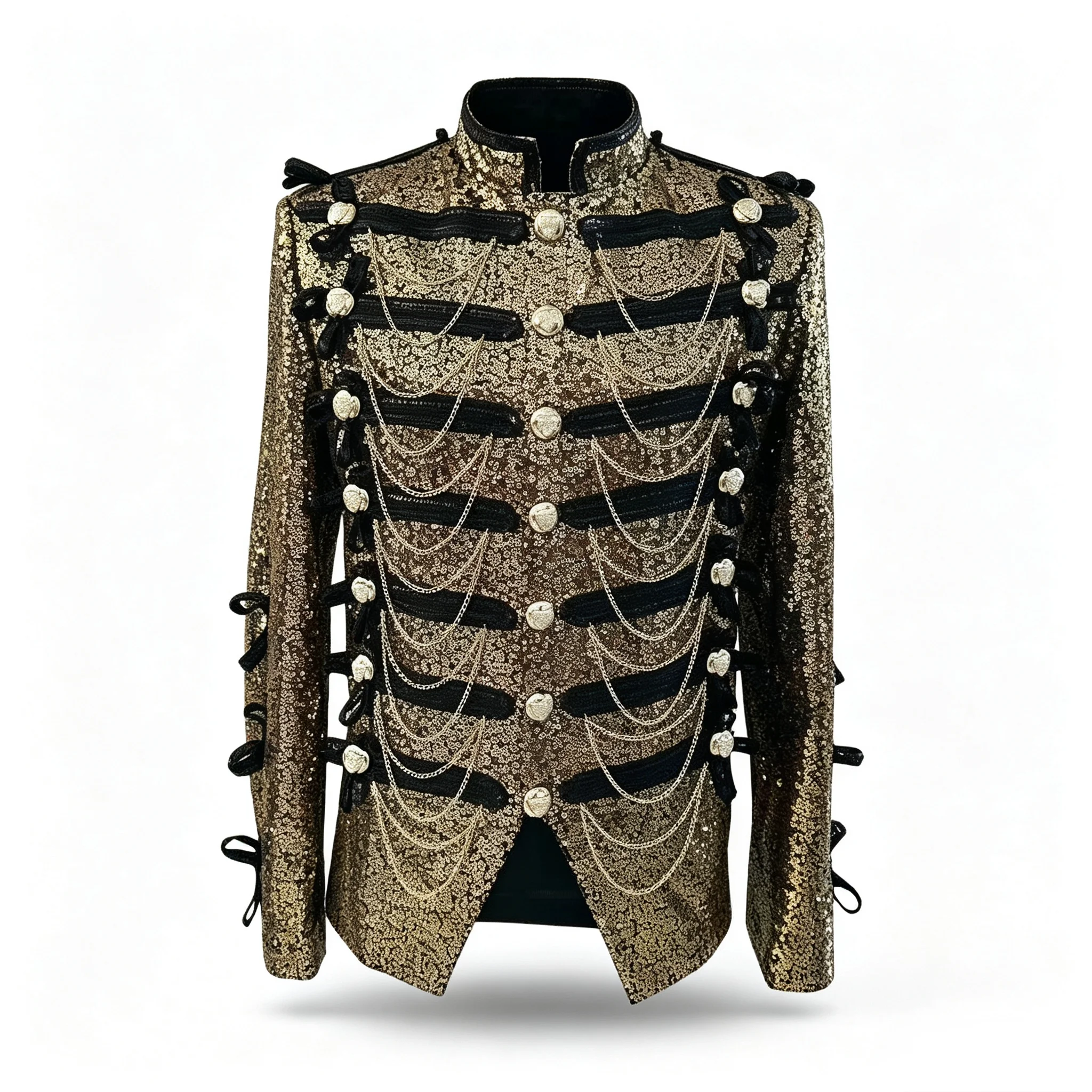 Men Luxury Gold Sequin Military Style Jacket With Chains Buttons Decors Stage Performance Coat Party Wedding Show Singer Costume