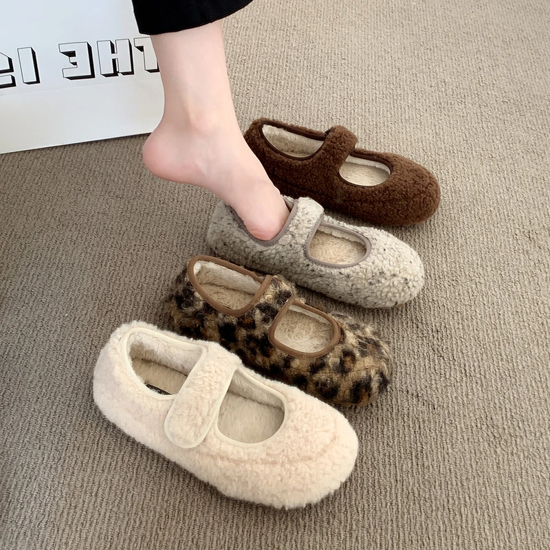 Plush Mary Jane Flat Shoes Women's Winter New Style Slip-On Cotton Shoes Fur Beans Beans Single Shoes Sweet Style round Toe