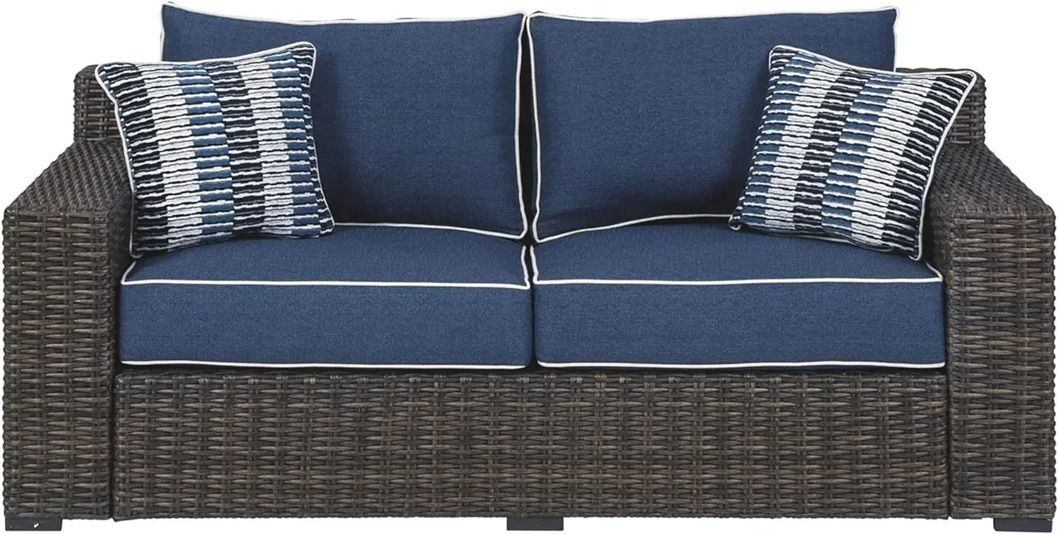 Signature Design by Ashley Grasson Lane Modern Farmhouse Outdoor Patio Loveseat, Brown & Blue