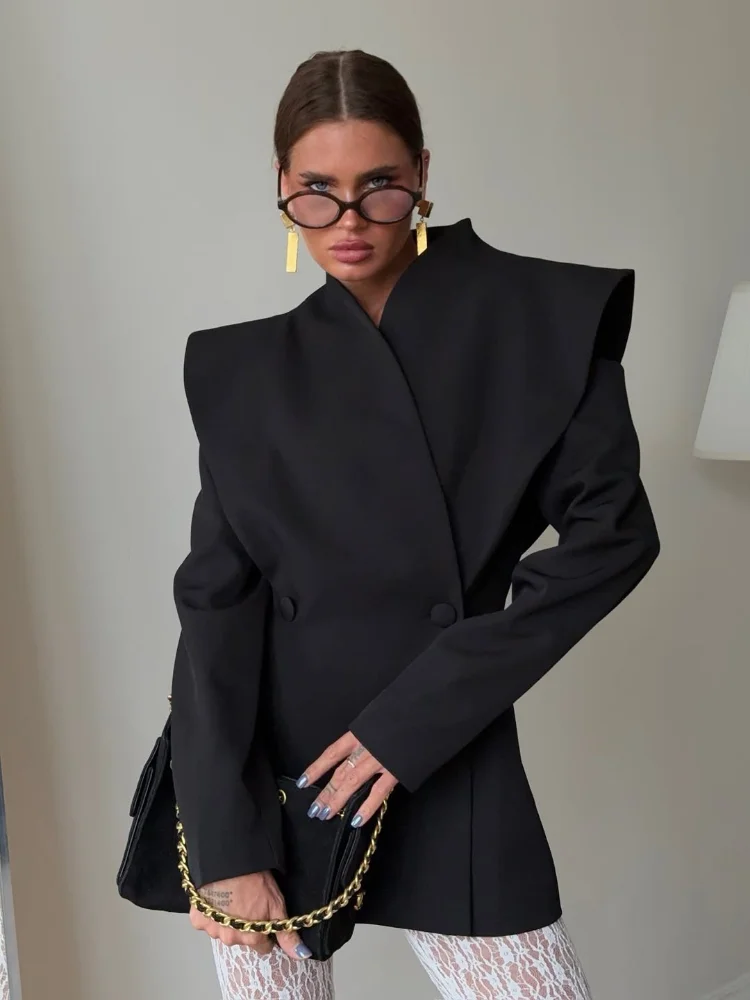 

Fashion Women Blazer Coat Tunic Long Sleeve Open Shoulders Stand Collar Double Breasted Female Jacket High Street Clothing 2026