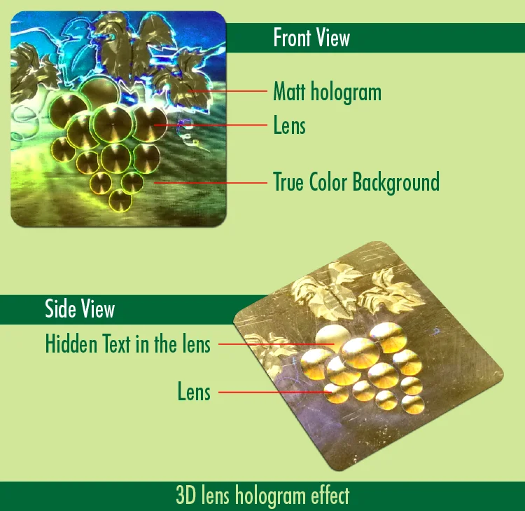 Custom made Colorful Lens Pattern 3D Hologram Sticker with Fingerprint Texture Background