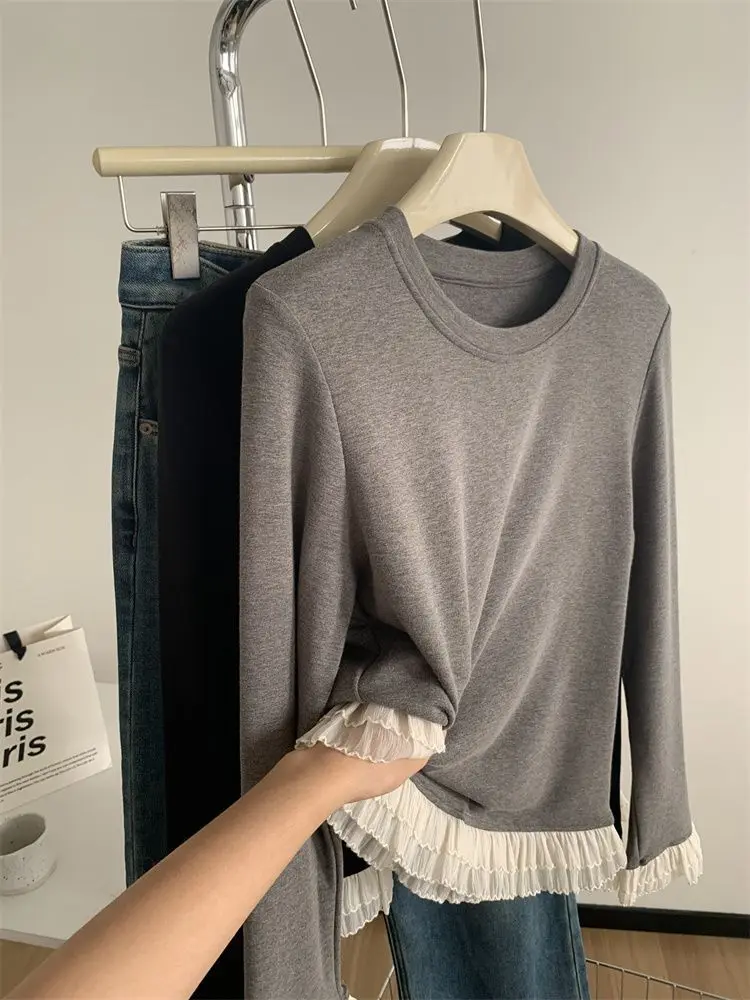 Y2K الدانتيل التي شيرت المرأة الرجعية المرقعة كم طويل الرقبة المستديرة نحى قاعدة ملابس خارجية أوائل الربيع