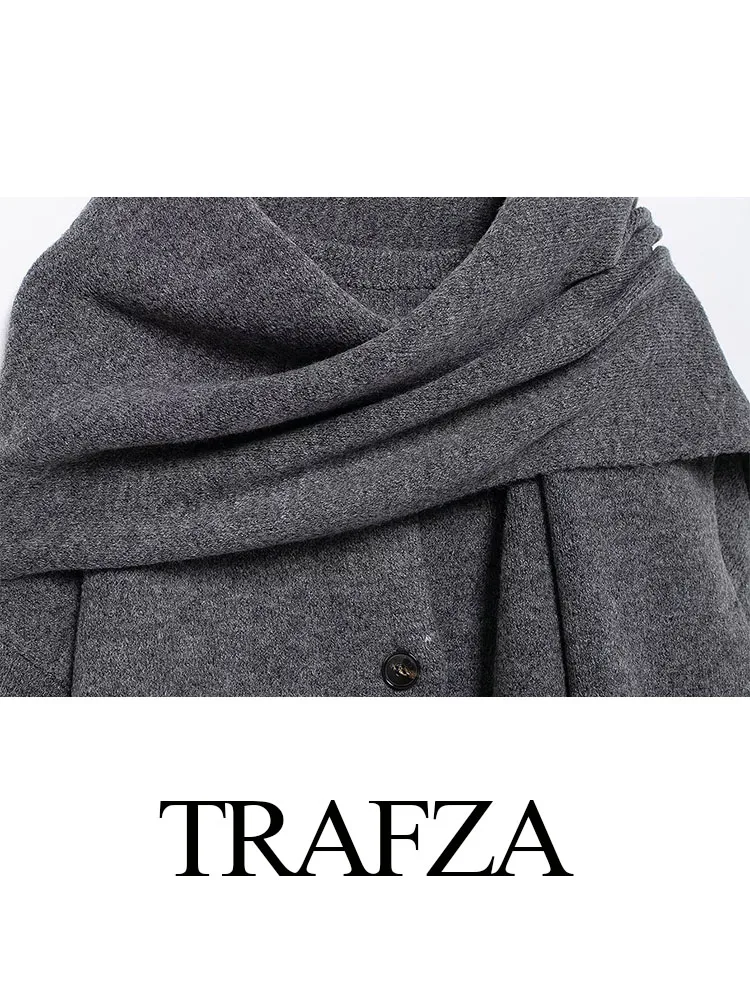 TRAFZA Elegant Woman Solid Scarf Collar Decorate Casual Loose Jacket Top Women Autumn Long Sleeve Single Breasted Knitted Coat