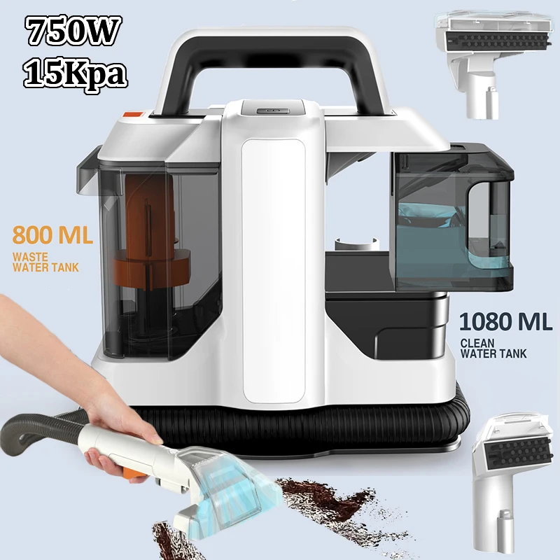 750W 15KPa Handheld Carpet Cleaner Portable Spot Cleaner for Car Sofa Pet Hair Spray Suction Integrated Clean Machine