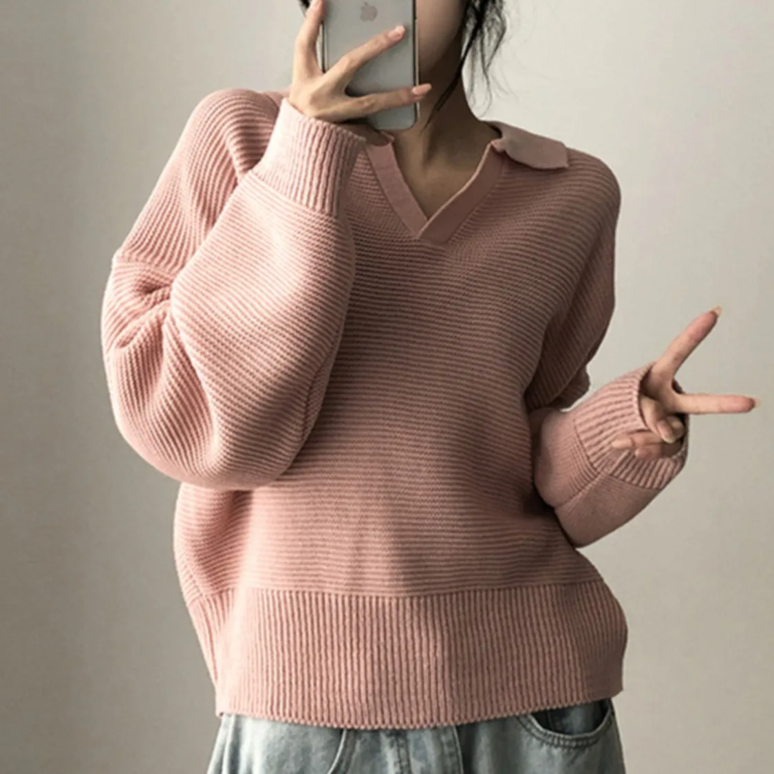 Chic inverno anti-età Thiened V-Ne pullover maglione top lavorato a maglia in puro colore per le donne pendolari Sle taglio dritto lungo Sve