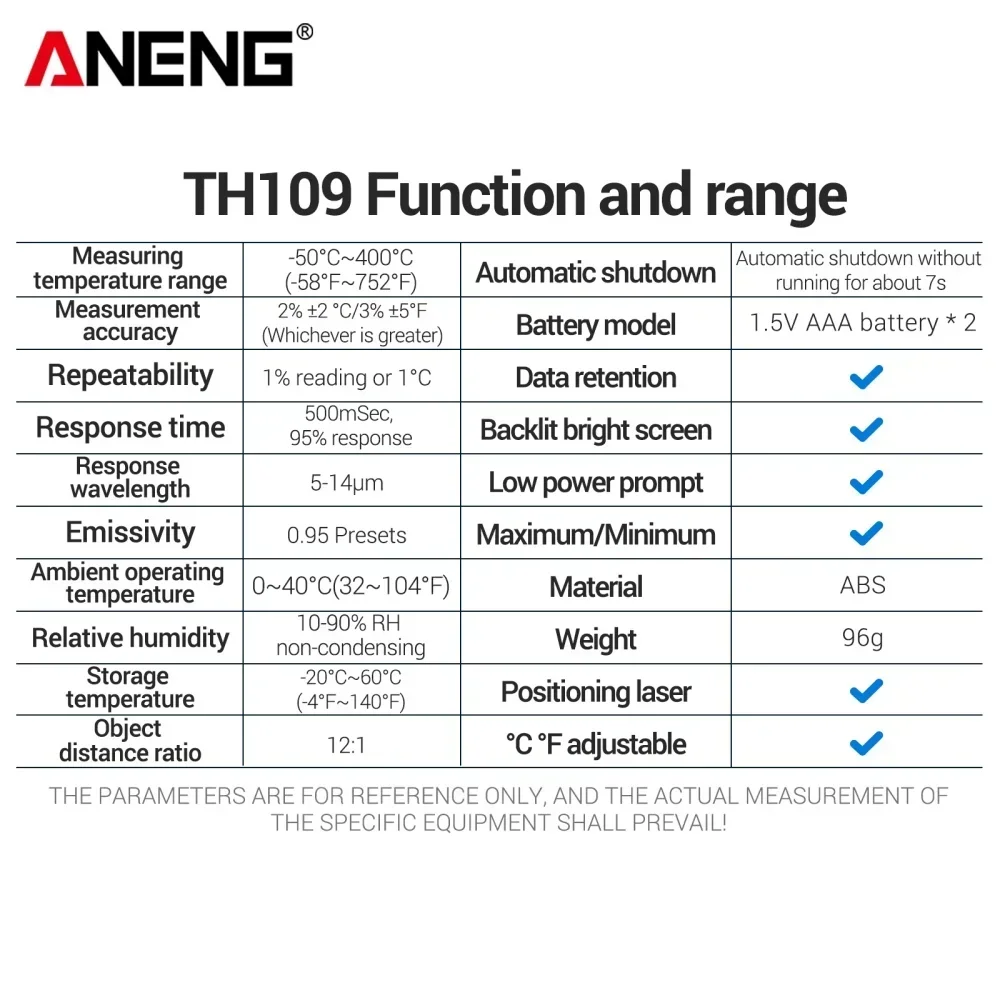 Termômetro infravermelho digital inteligente ANENG TH109 -50 ~ 400 ℃   Medidor de temperatura sem contato com display LCD Testadores de pirômetro e higrômetro