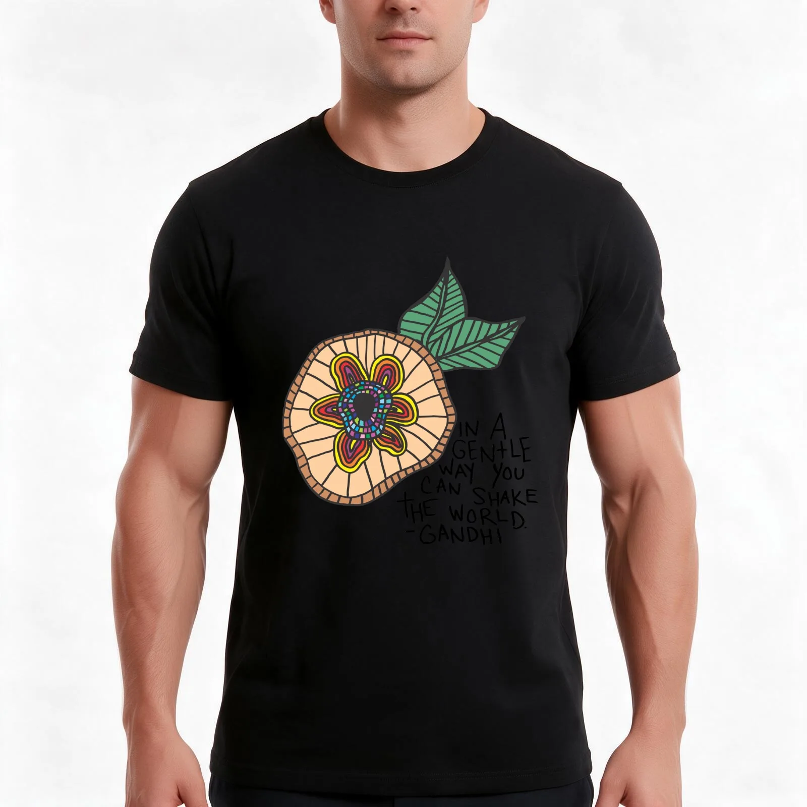 In a Gentle World inspirational quote Gandhi T-Shirt, Summer Casual Cotton Tee, Oversized Streetwear Tops, Vintage Graphic Print