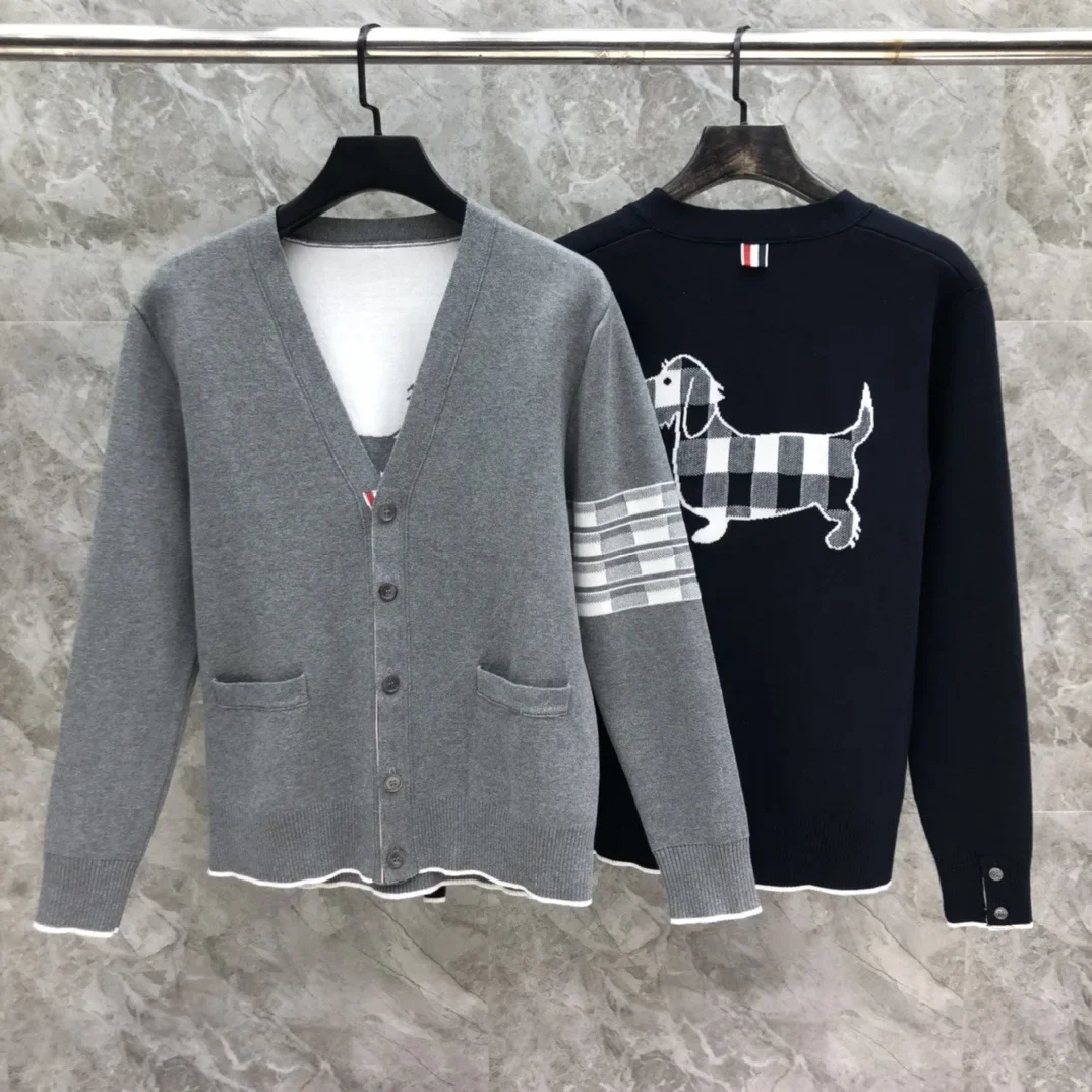 TB Autumn Winter New High Version Back Jacquard Small Dog Cardigan Sweater Men Women's Same Casual Knit Wool Shirt