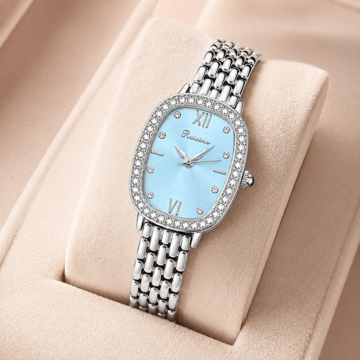 RXN Ladies Quartz Watch Oval Tonneau Rhinestone Bezel Stainless Steel Bracelet Elegant Roman Numeral Women Gift Relogio Feminino