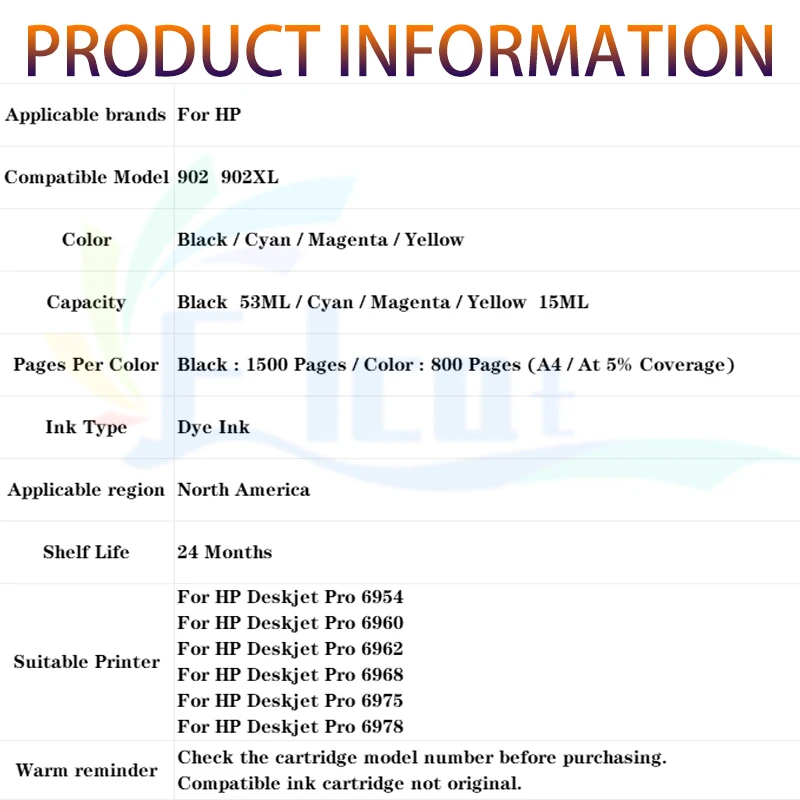 خرطوشة حبر HP 902 902XL لخرطوشة حبر HP 902XL 902 HP902 متوافقة مع طابعة Deskjet Pro 6954 6960 6962 6968 6975 6978
