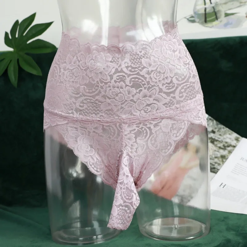 Gay See Through Lace Underwear Bulge Pouch Briefs Sissy Breathable Underpants Transgender Open Penis Sleeve Panties Lingerie