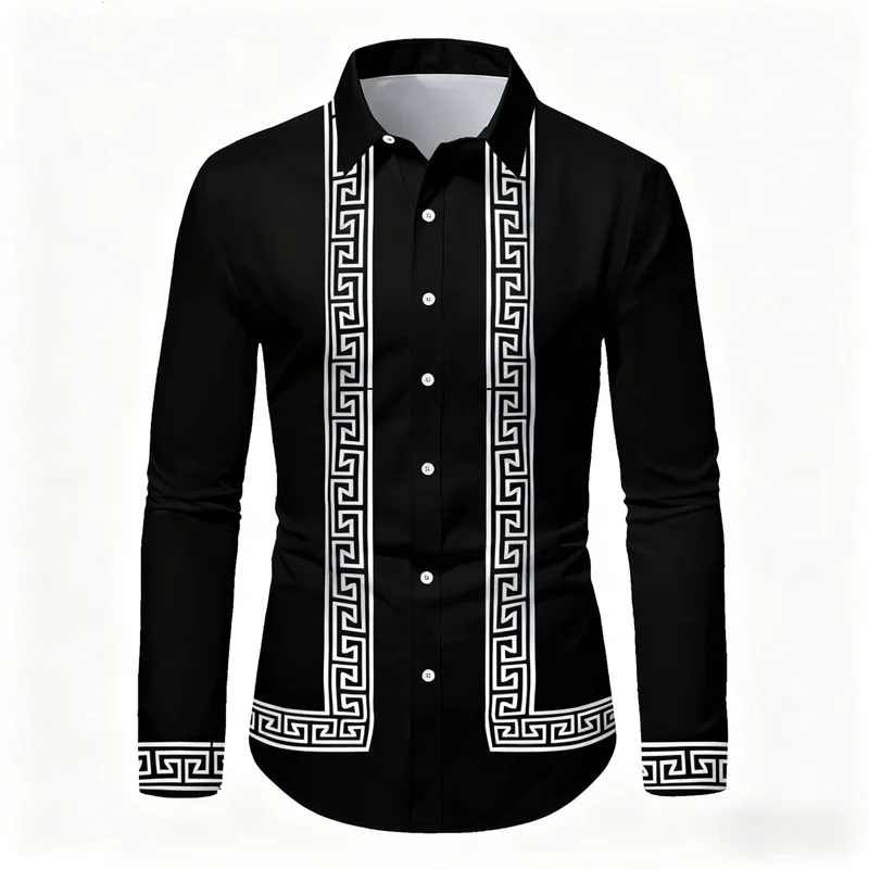 Men's Retro Geometric Print Long-Sleeve Shirt, Stylish Black and White Color-Blocked Slim Fit Shirt, Casual and Versatile Top