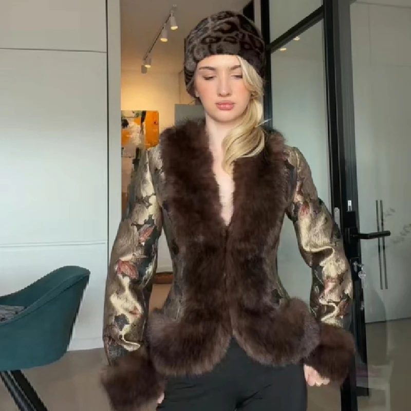 Gold Floral Jacquard Fur Collar Cuff Hem Jackets Luxury Long Sleeve Fur Trim Slim Fit Outerwear 2026 Autumn Party Chic Coats