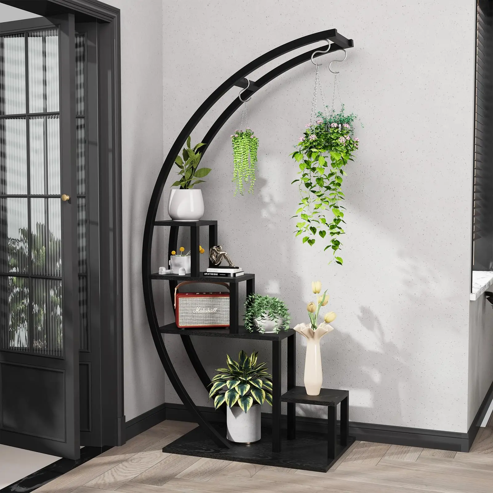 Heavy Duty 5-Tier Half Moon Metal Plant Stand With Hanging Hooks Rustproof Tall Plant Rack For Multiple Plants Space-Saving Corner Flower Pot Shelf Display Stand For Indoor Outdoor Living Room Patio G image 7