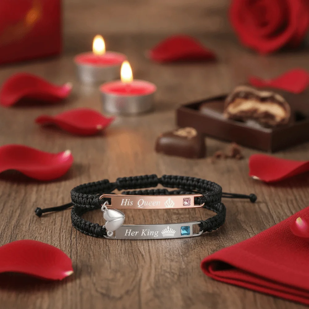 Stainless Steel Cross Magnetic Bracelet Set Queen King Love Heart Magnet String Woven Cord Bracelet 1 Pair Cross