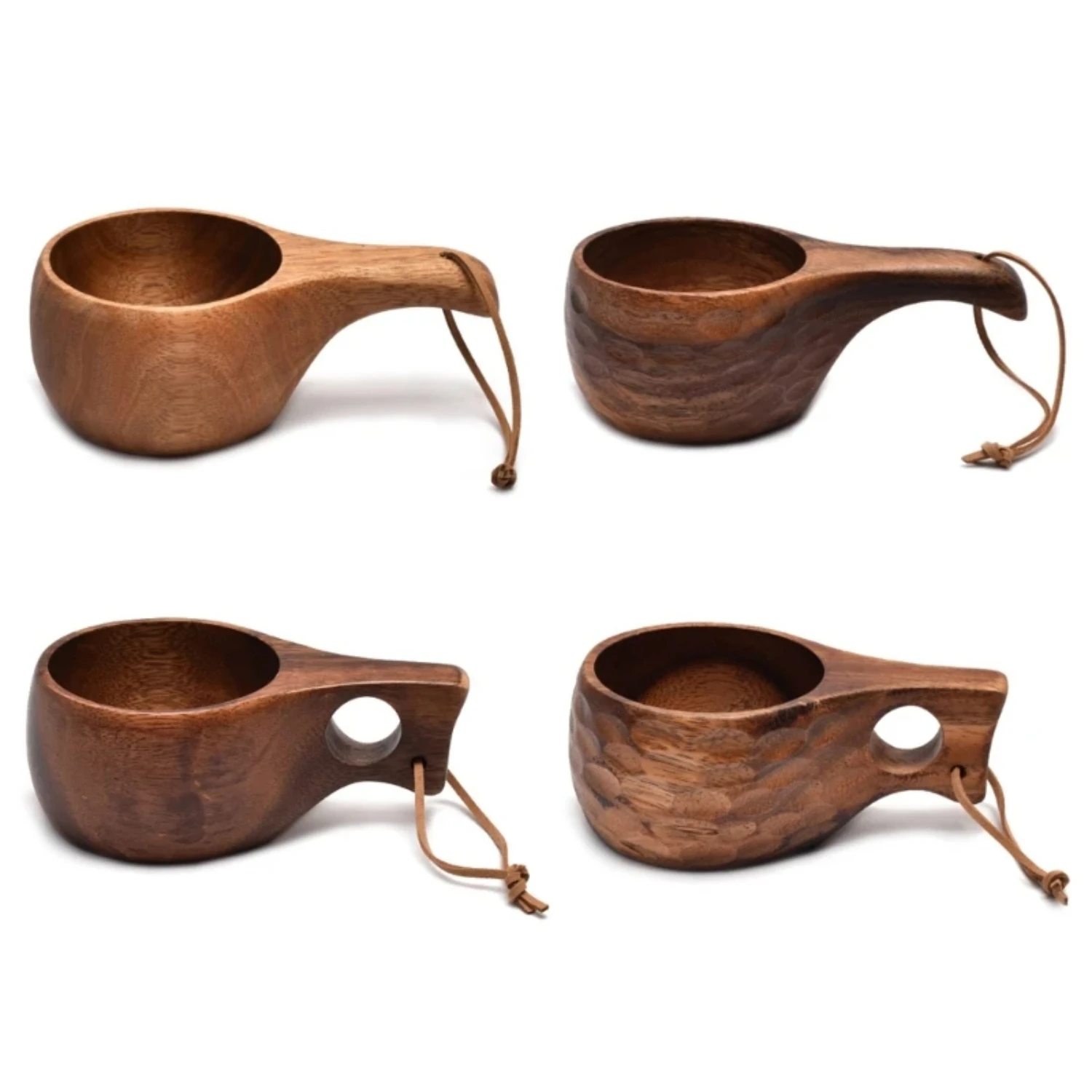 Portable Finland Kuksa Coffee Mug with Acacia-Wood Handle and Cowhide Rope Hook - Stylish Juice and Milk Cup for Drinking Coffee