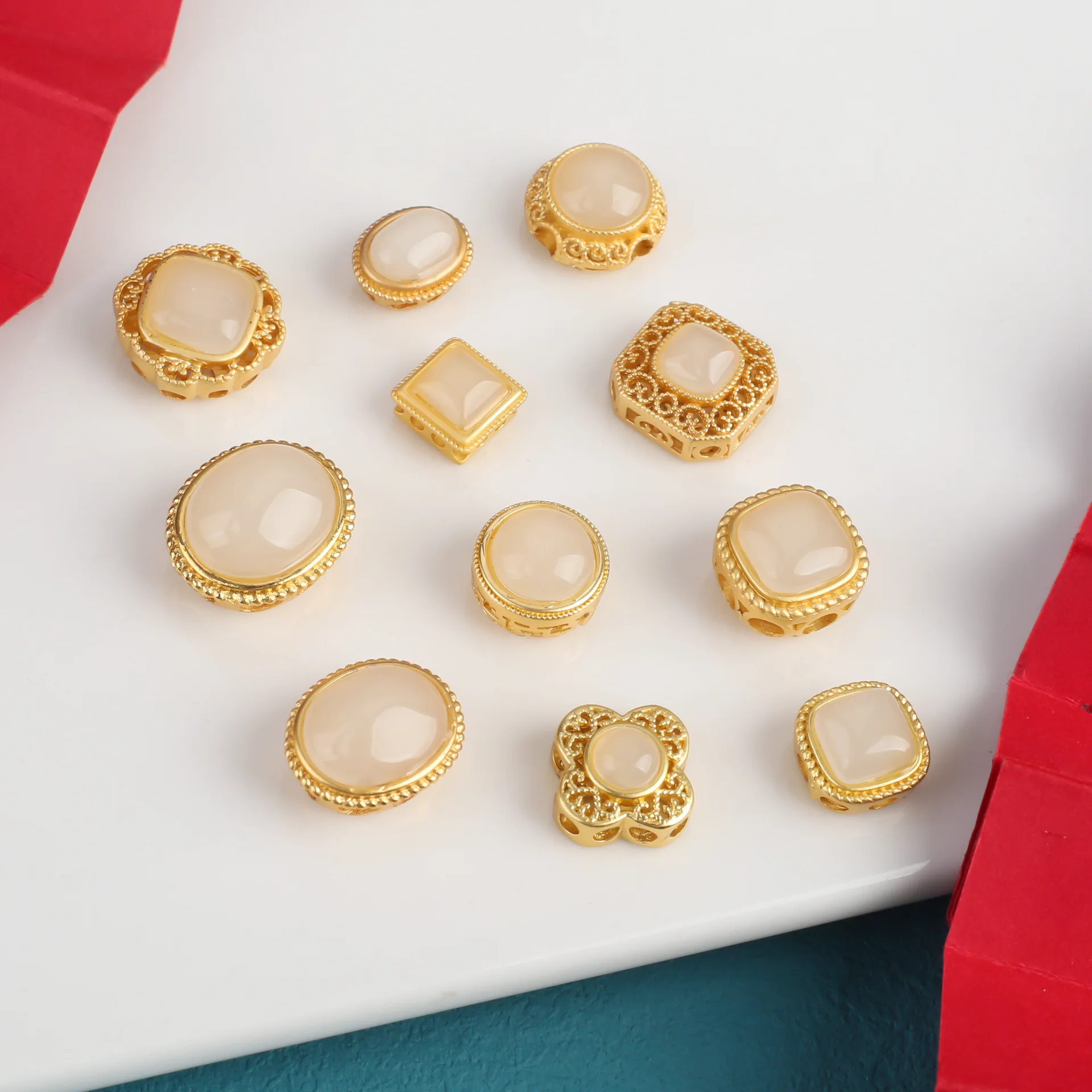 7pcs Copper Plated Inlaid White Jade Stone Vintage Jewelry Making Spacer Beads Handmade DIY Bracelet Necklace Making Accessories