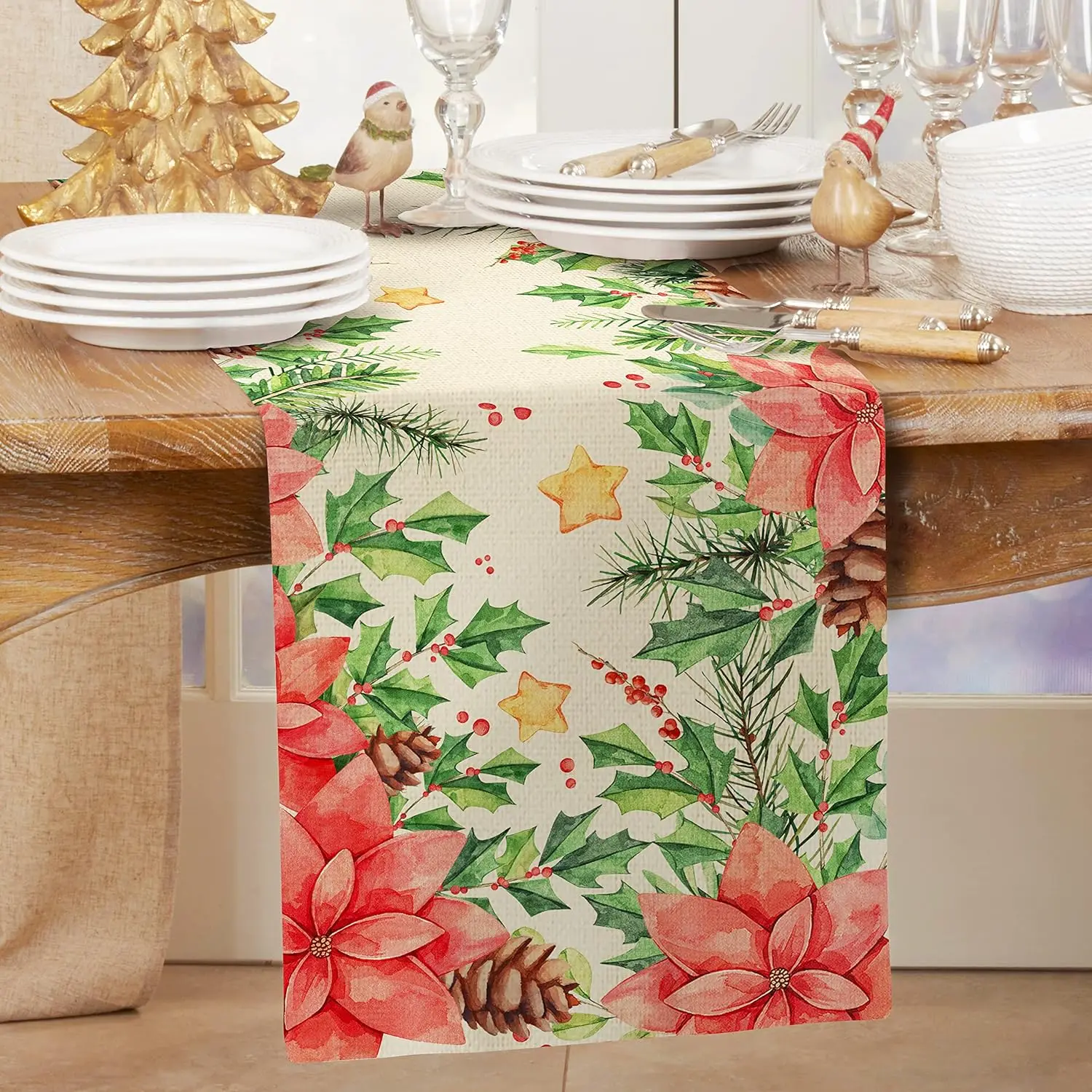 

Christmas Poinsettia Floral Linen Table Runners Holiday Party Table Decor Winter Xmas Dining Table Runners Christmas Decorations