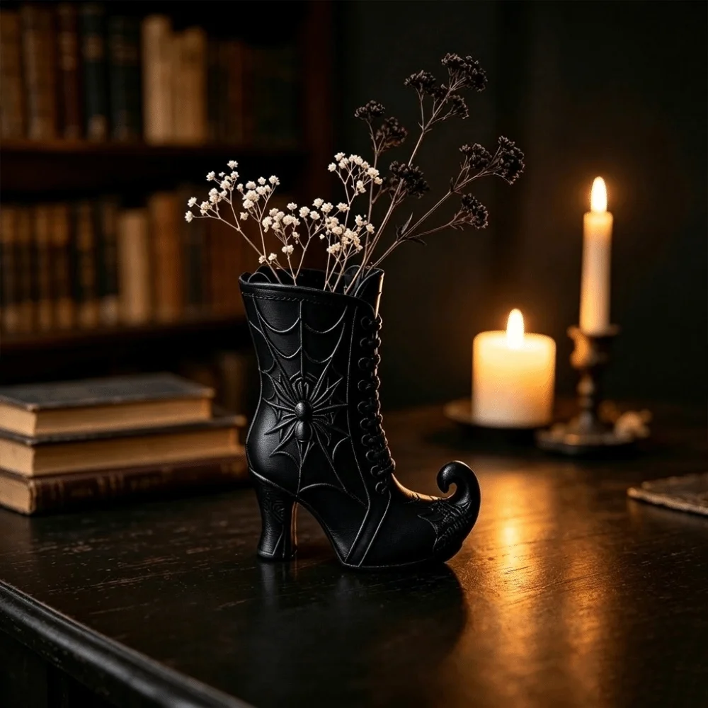 3D Printed Halloween Witch Pen Holder Gothic Vintage Witch Boots Mini Vase Unique Makeup Brush Storage Rack Living Room