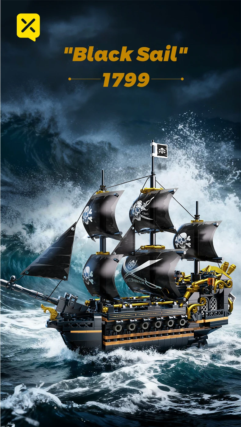Schwarzes Segel Piratenschiff Bausteine 3-Masted Segelboot Ziegel Erwachsene Sammlerstück DIY Montage Modell Display Dekoration Spielzeug Geschenk – Detail 1