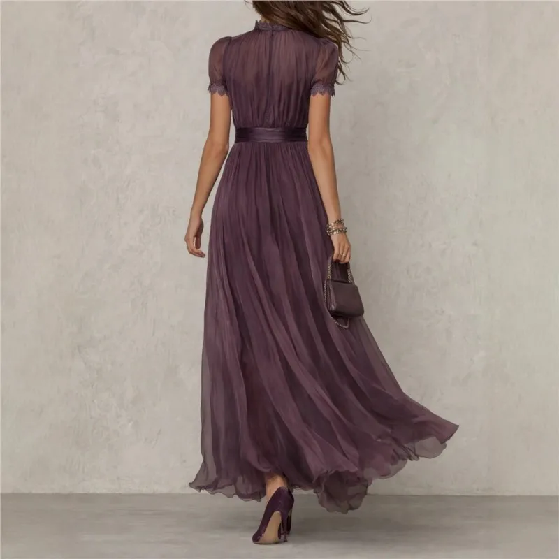 Vintage Spliced Hollow Out Dinner Maxi Dress for Women Stand Collar Lantern Sleeve Pleated Tunic Slit Sexy Dresses Female