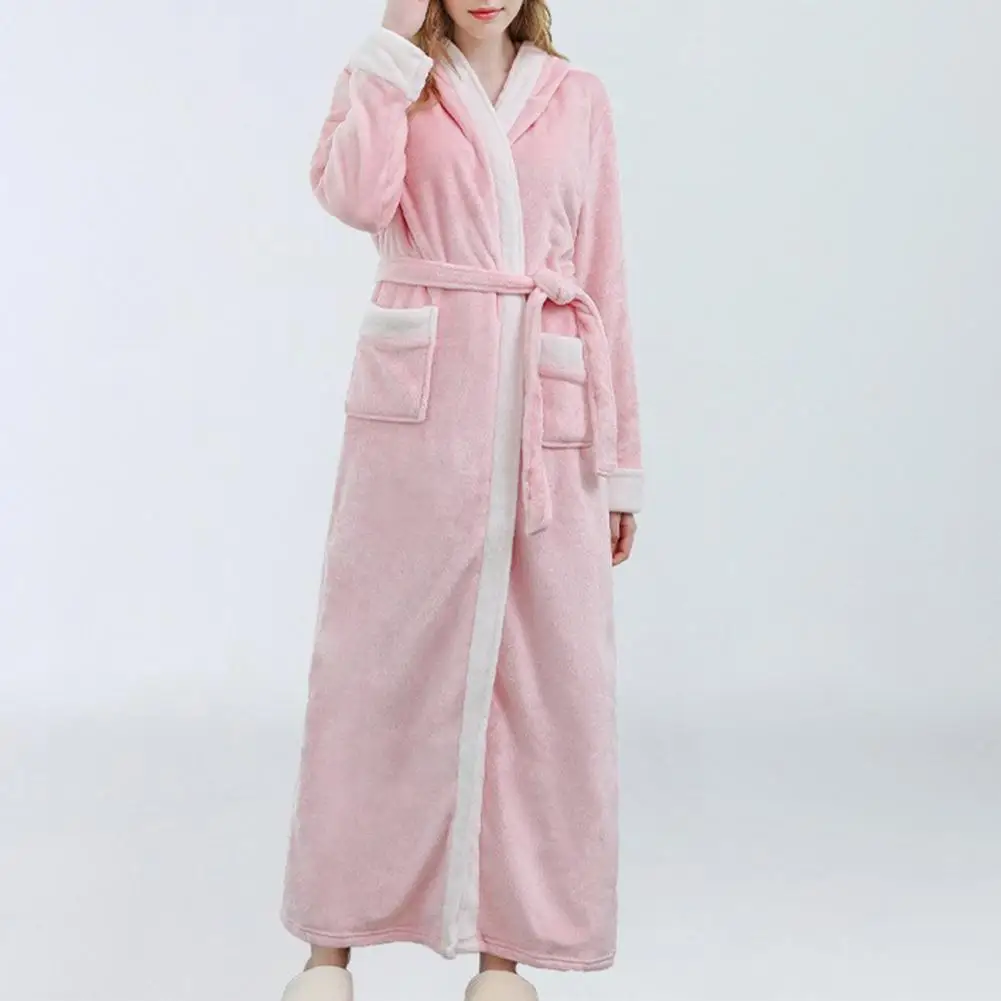 Ankle Length Nightgown Cozy Flannel Winter Nightgown With Lace Up Belt Colorblock Hood Ankle Length Homewear Robe For Women