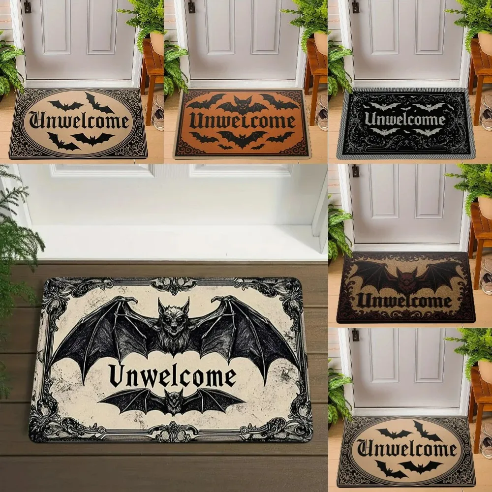 VIKAMA Vintage Gothic Bat Unwelcome Doormat Horror Retro Non Slip Coco Coir for Front Door Halloween Outdoor Decor