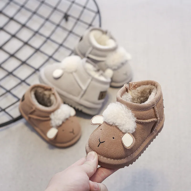 2024 New Winter Baby Snow Boots Genuine Leather Cute Sheep Pattern Boys Shoes Warm Plush Soft Sole Toddler Girls Boots 15-25