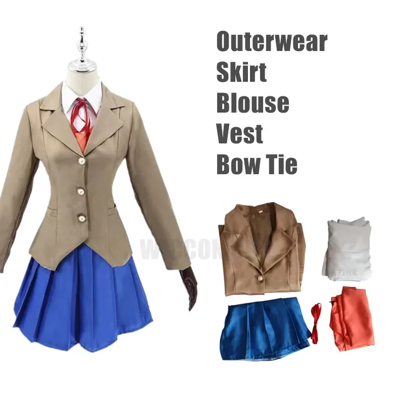 Jeu Doki Doki Club Natsuki Cosplay Costume, Monika Yuri Sayori Cosplay Costume, Uniforme d'écolière pour femme