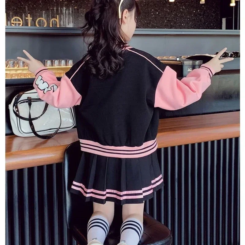 Autumn Children Girl Clothes Baseball Jacket Uniform Coat and Pleated Skirt 2pcs Letter Suit Teenage Contrast Striped Sets