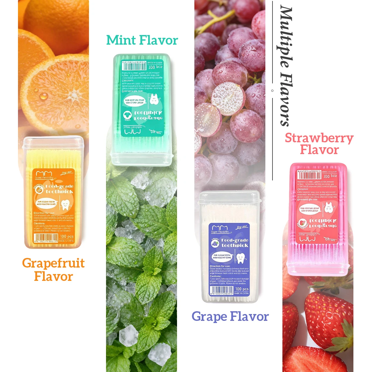 30×100pcs/Box Fruit Taste Plastic Toothpick Mint Grape Strawberry Grapefruit Flavor Tooth Pick With Double-end, Gentle for Teeth