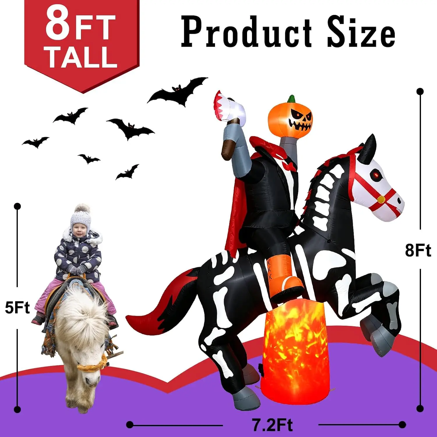 Halloween Inflatables Giant 8Ft Tall Headless Horseman Day of The Dead Outdoor Decoration, Pumpkin Knight with Horse Blow Up Yar