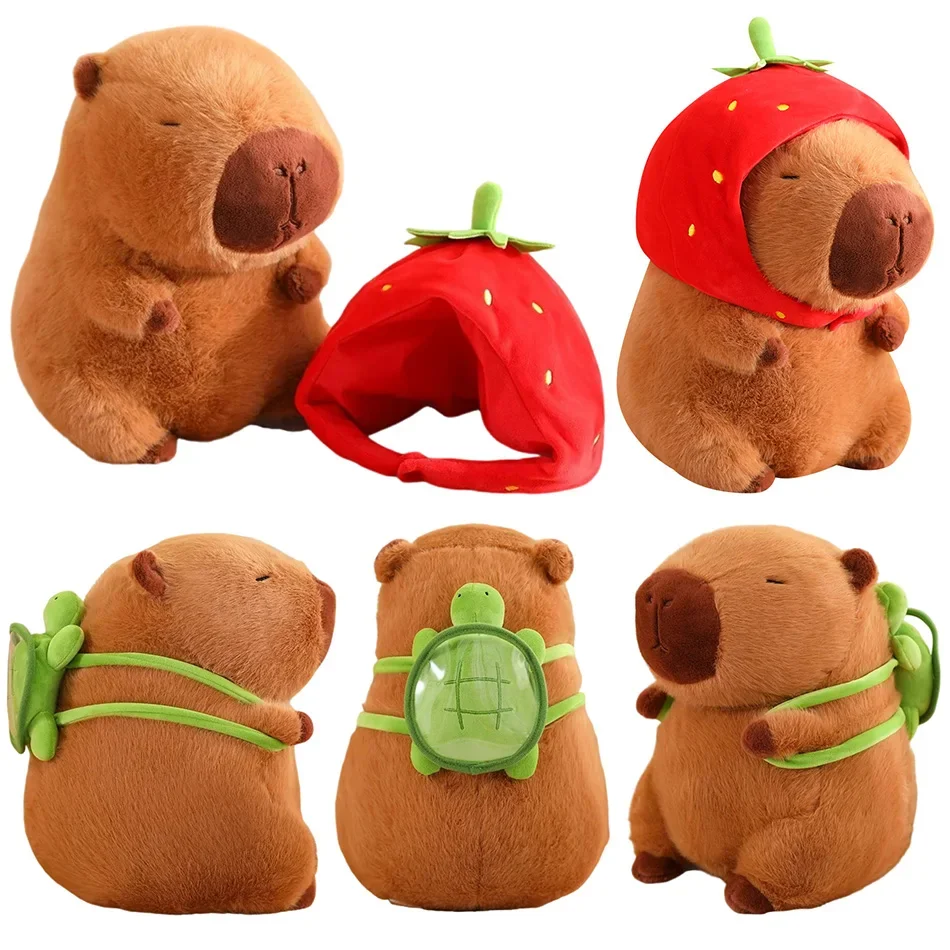 Capibala Giant Plush Doll Strawberry Hat Kawaii Animal Doll Capybara Plush Toy Children'S Kids Gift Soft Stuff Plushie Toy