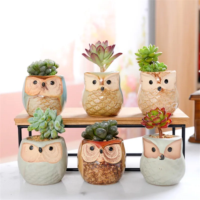 Flower Pots Creative Ceramic Mini Flowerpot Succulent Planter Cute Owl Plants Flower   Pot With Hole Garden Home Office Decor