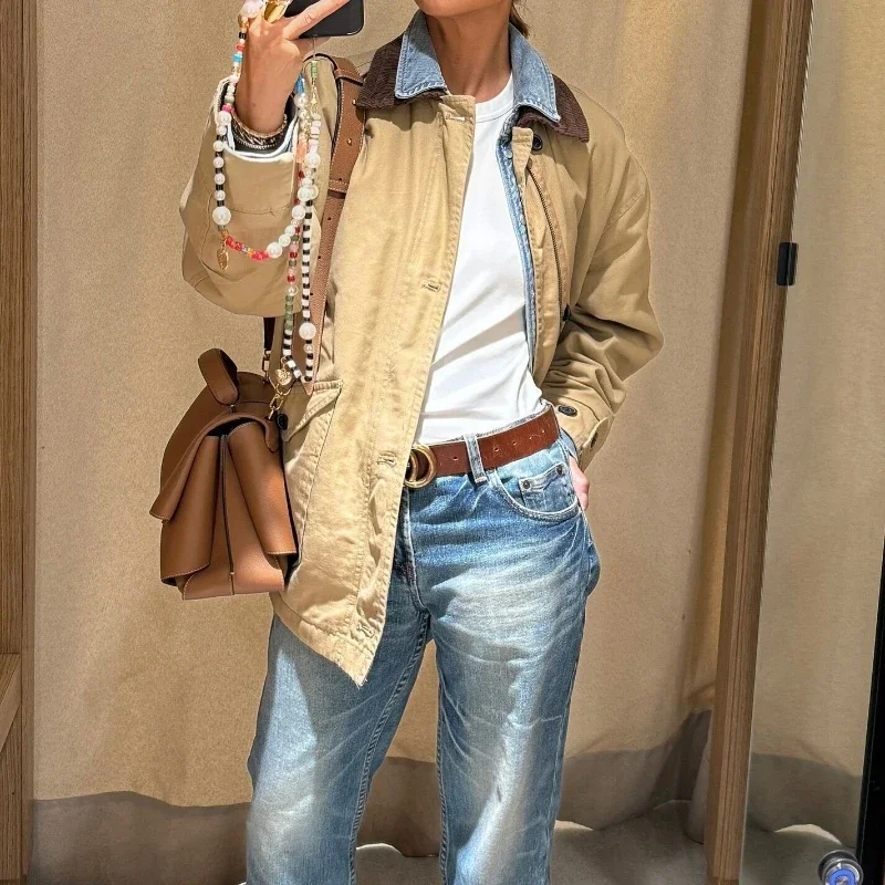 

2025 Winter Coats with Pockets Autumn Street Short Windbreaker Jacket for Women Khaki Lapel Coats Jackets Zip Up Fully Lined