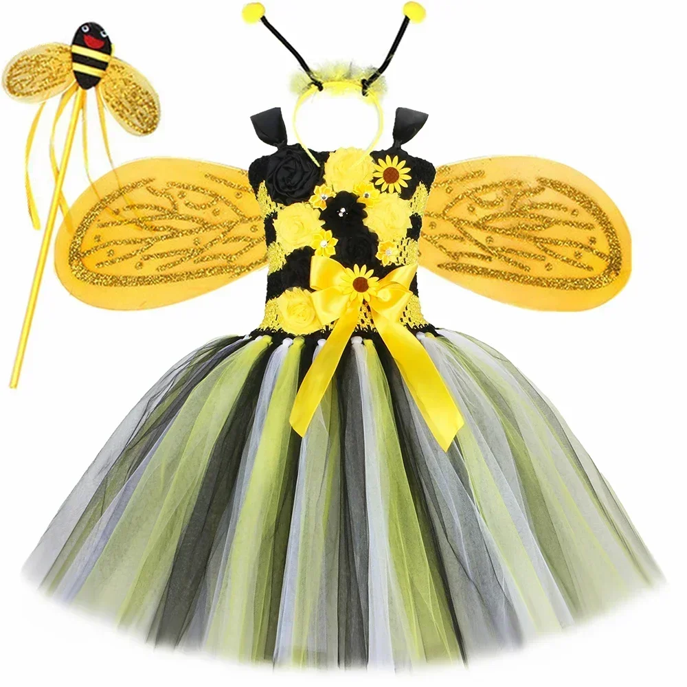 Girls Bumble Bee Costume Toddler Girl Flowers Bee Tulle Tutu Dress Kids Halloweeen Birthday Party Honeybee Fairy Dress Up Outfit