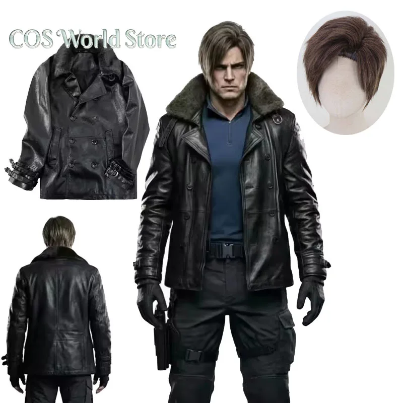 

Anime Biohazard Resident 9 Requiem Leon Scott Kennedy Halloween Cosplay Costumes Black Faux Leather Jacket With Faux Fur Collar