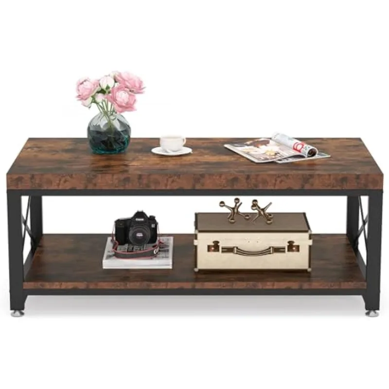 Table basse industrielle de 43 pouces, table à cocktail avec étagère de rangement, table à thé rectangulaire à 2 niveaux avec cadre en acier en forme de X