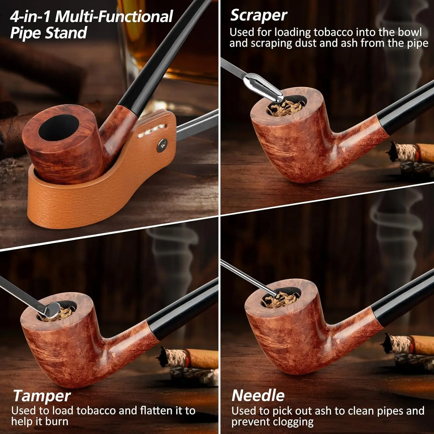 PU Leather Smoking Pipe Set, 4 in 1 Pipe Stand, Screens,Pipe Cleaners,Pipe Bit and Small Box,Wood Pipe Accessories