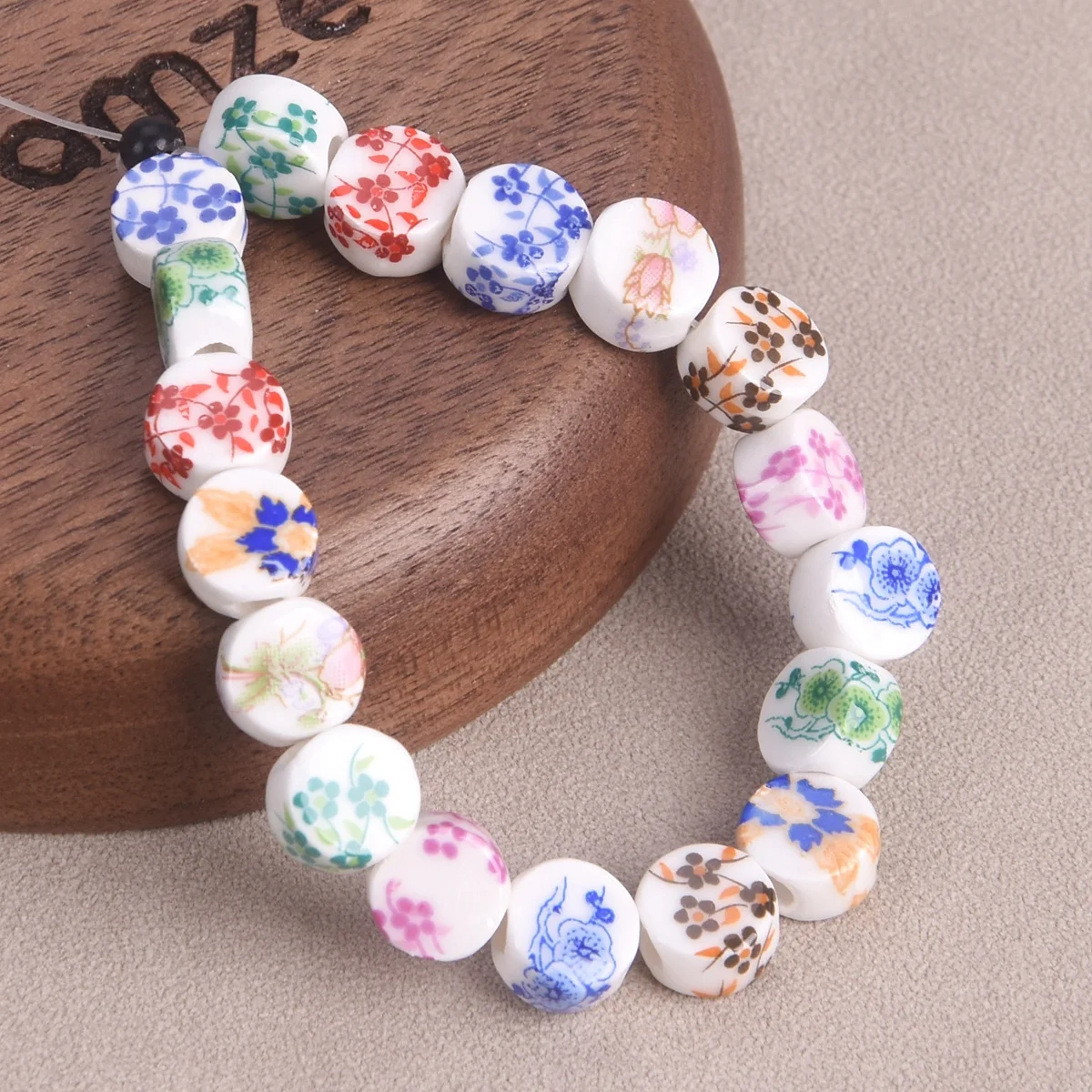 20pcs 8.5x5.5mm Flat Round Shape Flower Patterns Ceramic Porcelain Loose Crafts Beads lot for Jewelry Making DIY Findings