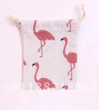 Handmade Cotton Linen Storage Bag Flamingo Strawberry Pattern Drawstring Bag Travel Women Small Cloth Bag Pouch 1PC