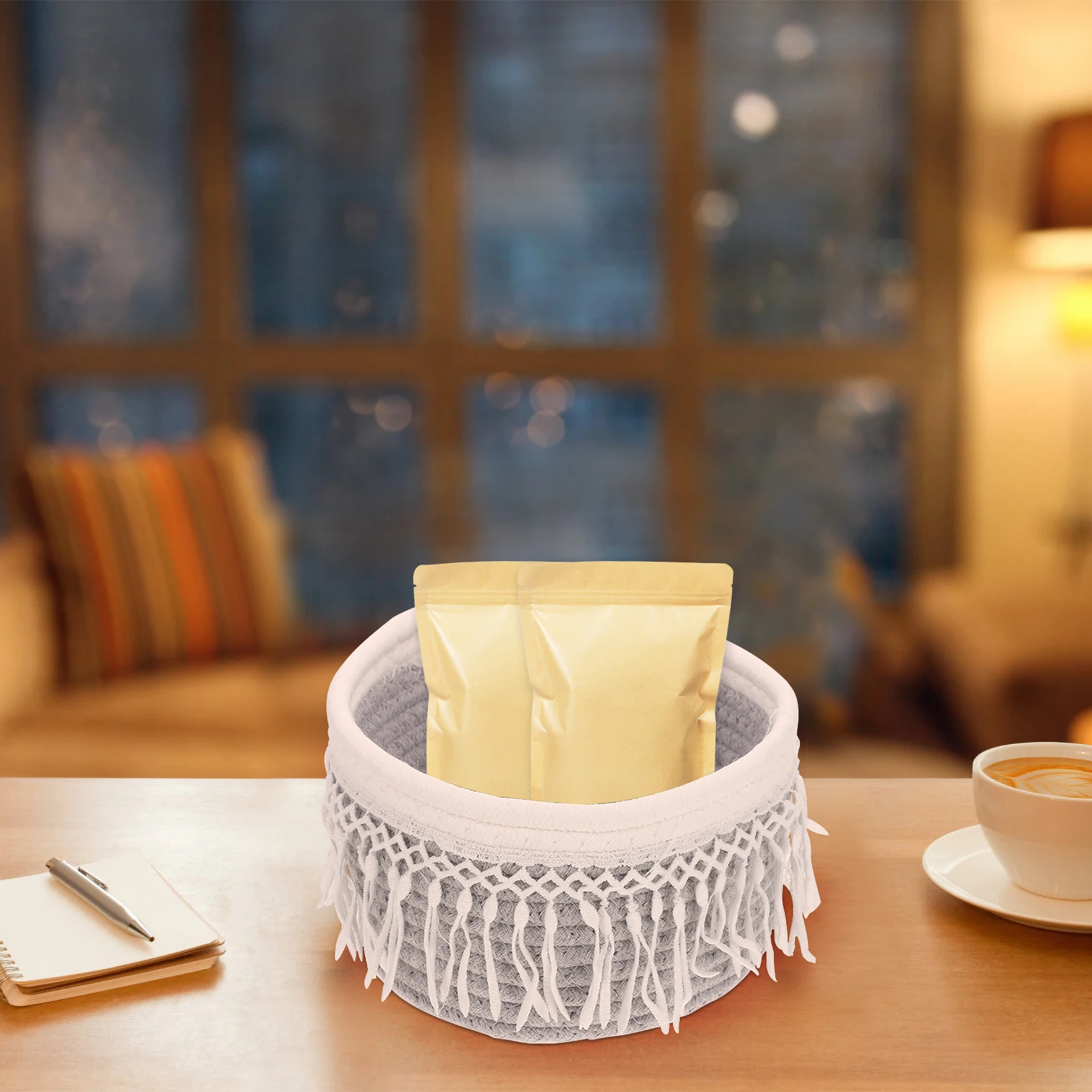 1 قطعة سلة تخزين منسوجة من حبل القطن مظهر جميل تصميم خفيف الوزن منظم تخزين منزلي لتزيين سطح المكتب و #1