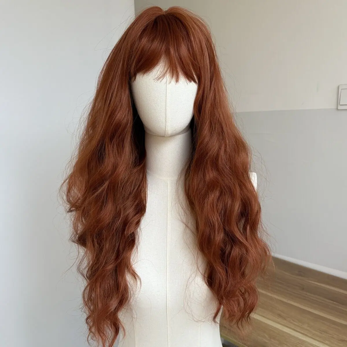 

Synthetic Hair Heat Resistant Costume Wigs With Bangs Copper Red Long Wavy