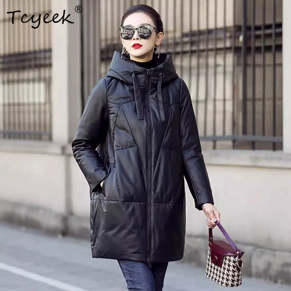 Tcyeek Real Top Layer Sheepskin Autumn Winter Black Hooded Medium Length Women's Genuine Leather Jacket Женская Кожаная Куртка